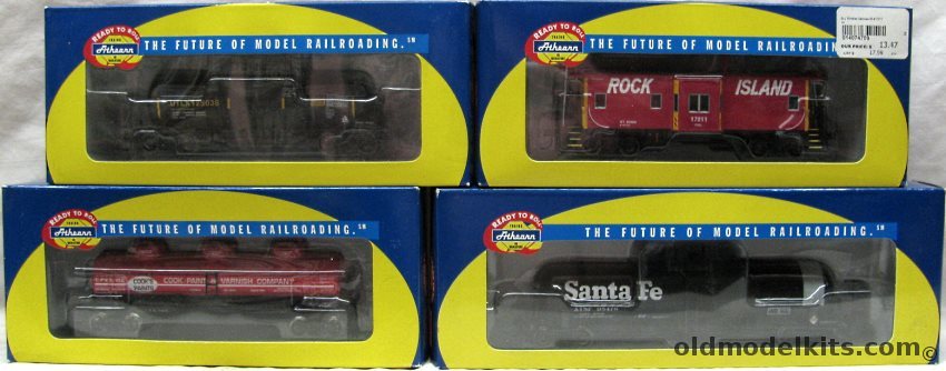 Athearn 1/87 73691 Triple Dome Tank Car Cooks Paint and Varnish / 74709 Bay Window Caboose Rock Island / 50 Foot Sante Fe 20900 Gal Tank Car / 96109 UTLX 40 Foot Acid Tank Car - HO Scale plastic model kit